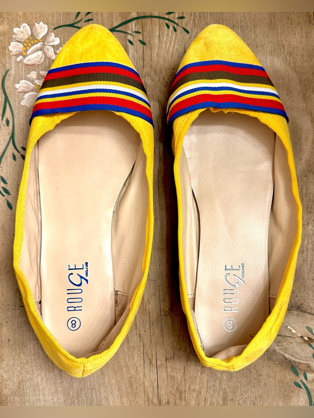 Rouge Helium Bright Yellow Pointed Flats with Multicolor Stripe Trim